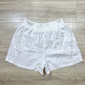 Magaschoni White 100% Linen Smocked Waist Pockets High Rise Paper Bag Shorts Lrg